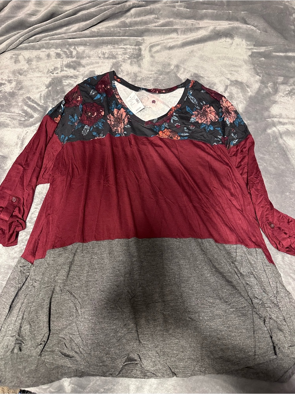 Maurices Burgundy, Floral & Gray Colorblock Long Sleeve Tee